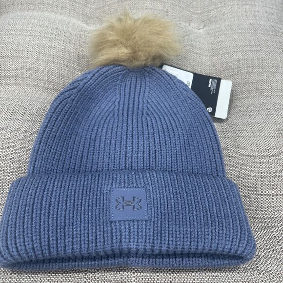 NWT Under Armour Women's Blue Pom Winter Ribbed Hat One Size Fits Most Beanie - Picture 2 of 5